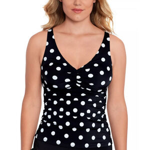 Swim Solutions Tummy-Control V-Neck Pleated Tankini Top Black Multi Size 10 3112